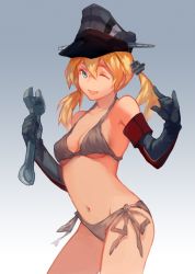 Rule 34 | 10s, 1girl, ;d, \m/, anchor hair ornament, bikini, black bikini, blonde hair, blue eyes, blush, breasts, cleavage, collarbone, cowboy shot, df4d/dongfeng 4d, elbow gloves, female focus, gloves, gradient background, grey background, hair ornament, halterneck, hat, holding, kantai collection, looking at viewer, low twintails, navel, one eye closed, open mouth, peaked cap, prinz eugen (kancolle), side-tie bikini bottom, small breasts, smile, solo, swimsuit, twintails, wrench