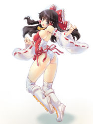 Rule 34 | 1girl, adapted costume, armpits, ass, bare shoulders, black hair, blue eyes, blush, boots, bow, breasts, detached sleeves, full body, hair bow, hair tubes, hakurei reimu, highres, kiyama satoshi, large breasts, leotard, long hair, open mouth, revision, ribbon-trimmed sleeves, ribbon trim, sideboob, simple background, solo, touhou, white background, wrestling outfit