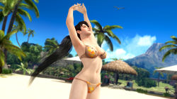 Rule 34 | 1girl, 3d, beach, bikini, black hair, breasts, closed eyes, dead or alive, dead or alive xtreme 3 fortune, dead or alive xtreme beach volleyball, large breasts, momiji (ninja gaiden), ninja gaiden, official art, ponytail, solo, stretching, swimsuit, tecmo