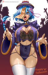 Rule 34 | 1girl, alternate breast size, alternate costume, bead necklace, beads, black nails, blue eyes, blue hair, blush, braid, breast curtain, breasts, cleavage cutout, clothing cutout, commentary, costume, covered navel, cowboy shot, curvy, english commentary, enma (enmanuelart), female focus, floating hair, hair ornament, hair over one eye, hair ribbon, halloween, halloween costume, happy halloween, hat, heart cutout, highres, jewelry, jiangshi costume, large breasts, long hair, long sleeves, looking at viewer, matching hair/eyes, nail polish, necklace, ofuda, open mouth, panties, patreon username, pink ribbon, purple hat, purple panties, qingdai guanmao, re:zero kara hajimeru isekai seikatsu, rem (re:zero), ribbon, sideboob, skindentation, solo, standing, thick thighs, thighhighs, thighs, tombstone, tongue, tongue out, underwear, very long hair, white thighhighs, wide sleeves, x hair ornament
