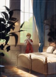 Rule 34 | 1boy, bed, bedroom, blue eyes, curtains, earrings, final fantasy, final fantasy xvi, highres, indoors, jewelry, joshua rosfield, looking to the side, orange hair, ouka (stan), pillow, plant, red robe, robe, short hair, signature, single earring, solo, window, wooden floor