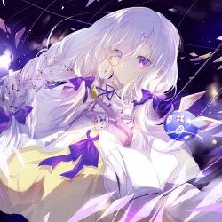 Rule 34 | 1girl, abstract background, arcaea, book, bow, braid, chinese commentary, coat, commentary, commentary request, dress, eyelashes, frown, hair bow, highres, holding, holding book, lagrange (arcaea), light purple hair, long hair, looking at viewer, monocle, necktie, open book, purple background, purple bow, purple eyes, purple necktie, sidelocks, solo, symbol-only commentary, tenten (tianbixia), white coat, yellow dress