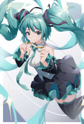 Rule 34 | 1girl, absurdres, aqua eyes, aqua hair, bare shoulders, black skirt, black sleeves, black thighhighs, collared shirt, commentary, feet out of frame, frilled sleeves, frills, grin, hair ribbon, hands up, hatsune miku, highres, holding, holding ribbon, katachi noboru nishikino, long hair, looking at viewer, ribbon, shirt, skirt, sleeveless, sleeveless shirt, smile, sparkle, thighhighs, twintails, very long hair, vocaloid, white shirt, yellow ribbon