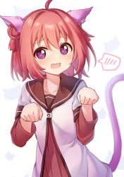 Rule 34 | 1girl, ahoge, akaza akari, animal background, animal ears, brown sailor collar, cat ears, cat tail, clenched hands, collarbone, commentary request, double bun, dress, hair between eyes, hair bun, jacket, kemonomimi mode, layered sleeves, long sleeves, looking at viewer, medium hair, nanamori school uniform, open mouth, paw pose, pizza (pizzania company), pleated dress, purple eyes, red dress, red hair, sailor collar, school uniform, short over long sleeves, short sleeves, simple background, solo, speech bubble, split mouth, spoken blush, standing, tail, wavy mouth, white background, white jacket, yuru yuri