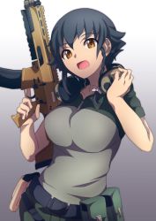 Rule 34 | 1girl, 9s0ykoyama117, absurdres, assault rifle, battle rifle, belt, black hair, braid, brown eyes, collared shirt, commentary, ear protection, fn scar, girls und panzer, gradient background, green pants, grey background, grey shirt, gun, hair ribbon, headphones, headphones around neck, highres, holding, holding gun, holding weapon, holster, looking at viewer, open mouth, pants, pepperoni (girls und panzer), ribbon, rifle, shirt, short hair, short sleeves, side braid, smile, sniper rifle, solo, standing, trigger discipline, utility belt, weapon, white ribbon