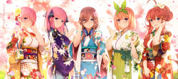 Rule 34 | 5girls, ;), absurdres, ahoge, alternate costume, alternate eye color, bag, black ribbon, blue kimono, blunt bangs, blurry, blush, breasts, brown hair, butterfly hair ornament, cherry blossom print, cherry blossoms, closed mouth, collarbone, commentary request, earrings, female focus, floral print, flower, furisode, go-toubun no hanayome, green hairband, green kimono, green ribbon, green sash, grin, hair between eyes, hair flower, hair ornament, hair ribbon, hair tie, hairband, hand in own hair, hand on own ear, hand up, hands up, headphones, headphones around neck, heart, highres, holding, holding bag, holding heart, holding pouch, japanese clothes, jewelry, kimono, kinchaku, large breasts, light purple hair, long hair, long sleeves, looking at viewer, multiple girls, nakano ichika, nakano itsuki, nakano miku, nakano nino, nakano yotsuba, obi, obijime, one eye closed, open hand, orange hair, orange kimono, parted lips, pink hair, pouch, print kimono, profile, purple eyes, purple kimono, quintuplets, reaching, reaching towards viewer, red hair, red kimono, ribbon, sash, short hair, siblings, side-by-side, sidelocks, sisters, smile, standing, star (symbol), star hair ornament, stud earrings, translation request, tree, two side up, upper body, white kimono, wide sleeves, yijian ma