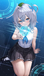 Rule 34 | 1girl, absurdres, bare arms, bare shoulders, black footwear, black skirt, blue eyes, blue neckerchief, closed mouth, collared shirt, commentary request, dress shirt, grey hair, hair between eyes, highres, leaf, leaf on head, looking at viewer, lunacle, miniskirt, neckerchief, pleated skirt, shirt, shoes, sitting, skirt, sleeveless, sleeveless shirt, smile, socks, solo, virtual youtuber, white shirt, white socks