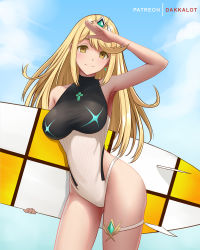 Rule 34 | 1girl, armpits, arms up, artist name, bare arms, bare shoulders, blonde hair, blue sky, blush, breasts, brown eyes, closed mouth, collarbone, competition swimsuit, contrapposto, cowboy shot, dakkalot, day, earrings, gem, holding, jewelry, large breasts, long hair, looking at viewer, mythra (xenoblade), neon trim, nintendo, one-piece swimsuit, outdoors, salute, sky, smile, solo, surfboard, swimsuit, tiara, two-tone swimsuit, very long hair, xenoblade chronicles (series), xenoblade chronicles 2, xenoblade chronicles (series), xenoblade chronicles 2
