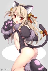Rule 34 | 1girl, animal ears, animal hands, ass, bare shoulders, bell, black gloves, black one-piece swimsuit, blonde hair, blush, breasts, cat ears, cat paws, cat tail, commentary request, elbow gloves, fang, fate/kaleid liner prisma illya, fate (series), fur collar, fur trim, gloves, hair bell, hair ornament, hair ribbon, illyasviel von einzbern, jingle bell, long hair, looking at viewer, official alternate costume, one-piece swimsuit, open mouth, osa (osaosa), paw gloves, paw shoes, red eyes, ribbon, shoes, slingshot swimsuit, small breasts, solo, swimsuit, tail, tail bell, tail ornament, tail ribbon, thighs, thong, twitter username, two side up