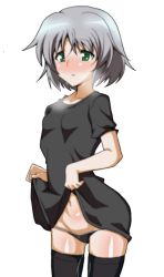 Rule 34 | 1girl, black panties, blush, breasts, clothes lift, green eyes, highres, panties, sanya v. litvyak, skirt, skirt lift, small breasts, solo, strike witches, thighhighs, underwear, white hair, world witches series