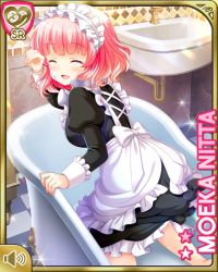 Rule 34 | 1girl, apron, ass, bathroom, bathtub, black dress, character name, cleaning, dress, closed eyes, from behind, girlfriend (kari), hand on face, indoors, kneeling, maid, maid, nitta moeka, official art, open mouth, pink hair, purple eyes, qp:flapper, short hair, sink, smile, soap bubbles, solo, tagme, tile floor, tiles, volume symbol