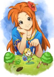 Rule 34 | 1boy, 1girl, absurdres, belt, blonde hair, blue background, blue dress, brown eyes, brown footwear, brown hair, chibi, dress, flower, grass, hair flower, hair ornament, highres, hylian shield, jewelry, link, long hair, looking at viewer, marin (zelda), necklace, nintendo, pretty-purin720, shield, smile, sword, the legend of zelda, the legend of zelda: link&#039;s awakening, tree, tunic, weapon