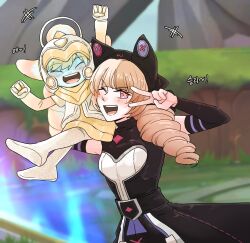 Rule 34 | 2girls, ;d, animal ears, arm up, black dress, blonde hair, blurry, blurry background, blush, boots, breasts, brown hair, buttons, clenched hand, cowboy shot, detached sleeves, dress, drill hair, fake animal ears, gwen (league of legends), highres, league of legends, long sleeves, lulu (league of legends), medium breasts, multiple girls, one eye closed, open mouth, outdoors, pink eyes, prestige space groove lulu, smile, soul fighter gwen, teeth, tongue, translation request, twin drills, v, white dress, xayahsona 27