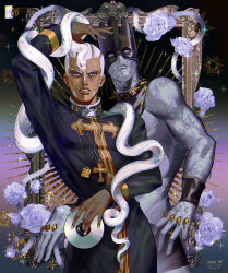 Rule 34 | absurdres, cd, dark-skinned male, dark skin, enrico pucci, flower, highres, holding cd, jojo no kimyou na bouken, priest, robe, snake, stand (jojo), stone ocean, veela, white flower, white snake