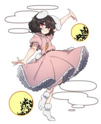 Rule 34 | 1girl, animal ears, black hair, blush, carrot necklace, closed mouth, dress, frilled dress, frilled sleeves, frills, full body, hair between eyes, inaba tewi, jewelry, necklace, nyong nyong, pink dress, rabbit ears, rabbit tail, red eyes, short hair, short sleeves, smile, socks, solo, tail, touhou, transparent background, white socks