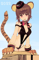 Rule 34 | 1girl, 2022, adapted costume, animal hands, black hat, black leotard, blue sky, breasts, brown eyes, brown gloves, brown hair, chinese zodiac, cleavage, cleavage cutout, clothing cutout, commentary, day, fang, garrison cap, girls und panzer, gloves, hat, kuromorimine military uniform, leaning forward, leotard, looking at viewer, medium breasts, military hat, navel cutout, new year, nishizumi maho, open mouth, outdoors, paw gloves, short hair, skin fang, sky, sleeveless, smile, solo, sweatdrop, tail, tank cupola, tiger tail, translated, twitter username, year of the tiger, yurikuta tsukumi
