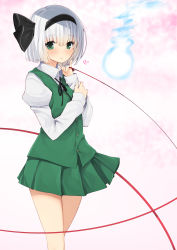 Rule 34 | 1girl, absurdres, black hairband, black ribbon, blunt bangs, blush, buttons, closed mouth, collared shirt, cowboy shot, floating, ghost, gradient background, green eyes, green skirt, green vest, hairband, heart, heart-shaped pupils, highres, hitodama, juliet sleeves, konpaku youmu, konpaku youmu (ghost), long sleeves, looking at viewer, miniskirt, nigo (aozoragarou), pinky out, pleated skirt, puffy sleeves, red ribbon, ribbon, shirt, short hair, silver hair, skirt, smile, solo, string, string of fate, symbol-shaped pupils, tareme, touhou, vest, white shirt, wing collar