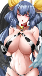 Rule 34 | 1girl, absurdres, animal ears, animal print, asymmetrical wings, bare shoulders, bell, bikini, blue hair, blush, breasts, cleavage, collar, collarbone, cow ears, cow horns, cow print, curvy, detached sleeves, dizzy (guilty gear), fake animal ears, fake horns, guilty gear, hair between eyes, hair rings, highres, horns, large breasts, long hair, midriff, monster girl, navel, neck bell, o-ring, o-ring bikini, o-ring top, open mouth, print bikini, red eyes, ribbon, simple background, skindentation, solo, swimsuit, thigh strap, twintails, wings, yellow ribbon, yuzaki