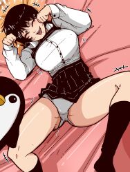 Rule 34 | 1girl, bed, bed sheet, black hair, black skirt, black socks, blush, breasts, chainsaw man, closed eyes, clothes lift, fangs, grey panties, highres, kneehighs, large breasts, long sleeves, lying, mark gavatino, mitaka asa, on bed, open mouth, panties, paw pose, shirt, short hair, skirt, skirt lift, smile, socks, spread legs, stuffed animal, stuffed penguin, stuffed toy, tongue, tongue out, underwear, white shirt