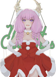 Rule 34 | 1girl, aura (sousou no frieren), bell, blush, braid, breasts, christmas lights, cleavage, cowboy shot, demon horns, detached collar, dress, elbow gloves, fur-trimmed dress, fur-trimmed gloves, fur collar, fur trim, gloves, highres, horns, jingle bell, looking at viewer, medium breasts, merry christmas, multiple braids, open mouth, pink hair, purple eyes, red dress, santa dress, sharc, skirt hold, solo, sousou no frieren, white gloves