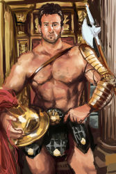 Rule 34 | 1boy, abs, armor, axe, bare pectorals, battle axe, beard, billy herrington, bracer, brown eyes, brown hair, chanta (ayatakaoisii), chest harness, chest strap, closed mouth, conquered (movie), contrapposto, cowboy shot, facial hair, faulds, gachimuchi pants wrestling, gladiator, harness, helmet, highres, holding, holding helmet, looking at viewer, male focus, manly, muscular, nipples, pectorals, single bare shoulder, sketch, skindentation, solo, standing, thighs, weapon, wrestling (series)