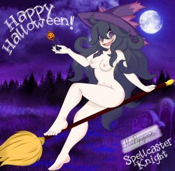 Rule 34 | 1girl, barefoot, breasts, broom, broom riding, candy, completely nude, cosplay, crazy eyes, creatures (company), feet, female focus, flying, food, from side, full body, game freak, gen 4 pokemon, halloween, hat, hex maniac (pokemon), highres, lollipop, long hair, looking at viewer, looking to the side, mismagius, mismagius (cosplay), ms. pipsqueak, nintendo, nipples, npc trainer, nude, outdoors, pinup (style), pokemon, pokemon xy, purple eyes, sitting, smile, solo, spellcaster knight, tombstone, witch hat