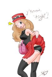 Rule 34 | 1girl, artist request, ass, black panties, black shirt, black thighhighs, breasts, clothes lift, creatures (company), eyewear on headwear, game freak, grey eyes, hat, highres, lifted by self, light brown hair, long hair, medium breasts, nintendo, one eye closed, open mouth, panties, pleated skirt, pokemon, porkpie hat, red hat, red skirt, serena (pokemon), shirt, signature, simple background, skirt, skirt lift, sleeveless, sleeveless shirt, smile, solo, source request, sunglasses, tagme, thighhighs, underwear, white-framed eyewear, white background, wink, wink star