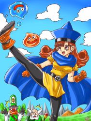 Rule 34 | 1girl, 2boys, ^^^, alena (dq4), bald, beard, belt, black gloves, blue hair, blue sky, blush, brey, brown eyes, brown hair, cape, clenched hands, clift, cloud, commentary request, dragon quest, dragon quest iv, facial hair, gloves, hat, highres, kicking, leggings, mountain, multiple boys, nakagawa shouko (artist), old, old man, open mouth, orange gloves, pantyhose, signature, sky, slime (dragon quest), smile, staff, surprised, white hair