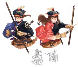 Rule 34 | 2girls, akagi (kancolle), alternate costume, anger vein, angry, animal, arrow (projectile), bow (weapon), brown eyes, brown hair, closed mouth, clothes writing, commentary, cropped torso, floating hair, gloves, hair ribbon, hakama, hakama skirt, hat, holding, holding arrow, holding bow (weapon), holding weapon, horse, japanese clothes, kaga (kancolle), kantai collection, katana, kimono, long hair, multiple girls, partially fingerless gloves, partly fingerless gloves, purple ribbon, ribbon, ribbon-trimmed sleeves, ribbon trim, riding, shaded face, side ponytail, simple background, skirt, speech bubble, spoken anger vein, sword, teeth, translation request, twintails, weapon, weidashming, white background, yugake, zuikaku (kancolle)