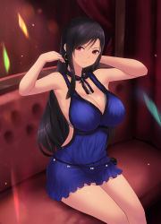 Rule 34 | 1girl, bare shoulders, black hair, black ribbon, blue dress, blush, breasts, cait aron, cleavage, closed mouth, collarbone, dress, earrings, final fantasy, final fantasy vii, final fantasy vii remake, hands up, highres, hoop earrings, jewelry, large breasts, long hair, looking at viewer, neck ribbon, red eyes, ribbon, sitting, smile, swept bangs, thighs, tifa lockhart, tifa lockhart (refined dress), wall market
