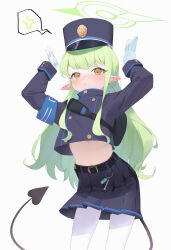 Rule 34 | 1girl, absurdres, anger vein, belt, black belt, black hat, black jacket, black skirt, black tail, blue archive, blush, buttons, closed mouth, demon tail, double-breasted, gloves, green hair, green halo, halo, hat, hikari (blue archive), highres, jacket, long hair, long sleeves, navel, pantyhose, peaked cap, pleated skirt, pointy ears, rikuhito juusan, simple background, skirt, solo, spoken anger vein, tail, white background, white gloves, white pantyhose, yellow eyes