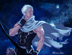 Rule 34 | 1boy, archer (fate), arrow (projectile), bare shoulders, bow (weapon), dark skin, dark-skinned male, fate/stay night, fate (series), fingerless gloves, gibbous moon, gloves, grey eyes, kassa jun, male focus, moon, night, one eye closed, quiver, scarf, sky, solo, star (sky), starry sky, weapon, white hair