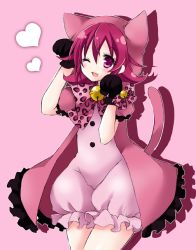 Rule 34 | 1girl, ;d, aida mana, animal hood, bell, black gloves, cat tail, dokidoki! precure, fang, gloves, heart, hood, okayashi, one eye closed, open mouth, panther pink (precure), paw pose, pink background, pink eyes, pink hair, precure, short hair, simple background, smile, solo, tail