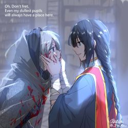 Rule 34 | 1boy, 1girl, ahoge, bandaged arm, bandages, black hair, black knife (elden ring), blood, blood on clothes, blood on face, blue eyes, blue robe, braid, elden ring, grey hair, hand on own chin, hands on another&#039;s cheeks, hands on another&#039;s face, highres, hood, looking at another, pin.s, robe, single braid, smile, sorceress sellen, stroking own chin, teacher and student