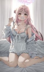 Rule 34 | 1girl, absurdres, bare shoulders, blue archive, breasts, camisole, cleavage, highres, long hair, looking at viewer, medium breasts, mika (blue archive), ojomu, open clothes, pink hair, smile, solo, wings, yellow eyes