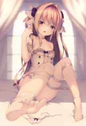 Rule 34 | 1girl, bare shoulders, barefoot, blonde hair, blurry, blush, bottomless, breasts, choker, collarbone, commentary request, convenient censoring, depth of field, feet, foot focus, foreshortening, hair intakes, hair ornament, highres, indoors, konjiki no yami, leg ribbon, long hair, looking at viewer, open mouth, panties, unworn panties, red eyes, ribbon, shokuyou mogura, sitting, small breasts, soles, solo, to love-ru, to love-ru darkness, toes, two side up, underwear, very long hair