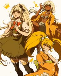 Rule 34 | 3girls, :q, artist name, belt, bikini, black bow, blonde hair, bow, breasts, brown dress, cat hair ornament, cleavage, criis-chan, crown print, danganronpa (series), danganronpa 2: goodbye despair, danganronpa v3: killing harmony, dark-skinned female, dark skin, dress, frilled dress, frills, grey background, grey eyes, grey hair, grin, hair bow, hair ornament, hand up, jacket, japanese clothes, kimono, long hair, multiple girls, one eye closed, open clothes, open jacket, open mouth, orange kimono, pleated skirt, puffy short sleeves, puffy sleeves, saionji hiyoko, short sleeves, simple background, skirt, small breasts, smile, sonia nevermind, swimsuit, teeth, thighhighs, tongue, tongue out, twintails, white belt, yonaga angie