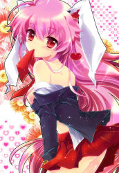 Rule 34 | 1girl, animal ears, bare shoulders, breasts, censored, convenient censoring, female focus, heart, ichiyou moka, long hair, medium breasts, mouth hold, necktie, off shoulder, pink hair, purple hair, rabbit ears, red eyes, red necktie, reisen udongein inaba, ribbon, ribbon in mouth, sideboob, skirt, solo, touhou, upskirt