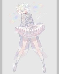 Rule 34 | 1other, alternate costume, androgynous, bad id, bad pixiv id, blush, boots, closed mouth, diamond (houseki no kuni), frilled skirt, frills, full body, glint, grey background, grey eyes, grey footwear, hair between eyes, highres, houseki no kuni, japanese clothes, kimono, legs apart, lolita fashion, long sleeves, looking at viewer, lunch (lunchicken), pillarboxed, simple background, skirt, smile, solo, wa lolita, wide sleeves