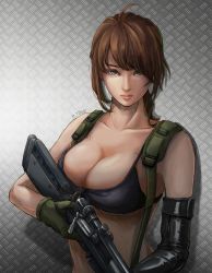 Rule 34 | 1girl, a.tong, ahoge, artist name, bad id, bad pixiv id, bikini, breasts, brown hair, cleavage, collarbone, elbow gloves, front-tie bikini top, front-tie top, gloves, green eyes, gun, highres, holding, holding weapon, large breasts, lips, long hair, looking at viewer, metal gear (series), metal gear solid v: the phantom pain, nose, ponytail, quiet (metal gear), rifle, signature, single elbow glove, sketch, sniper rifle, solo, suspenders, swimsuit, torn clothes, upper body, weapon