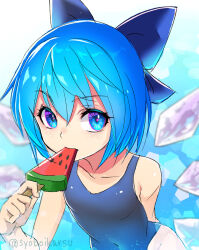 Rule 34 | 1girl, blue bow, blue eyes, blue hair, blue one-piece swimsuit, blush, bow, cirno, collarbone, detached wings, fairy, food, hair between eyes, hair bow, holding, holding food, ice, ice wings, looking at viewer, one-piece swimsuit, popsicle, school swimsuit, shiroi karasu, short hair, solo, swimsuit, touhou, twitter username, upper body, wings