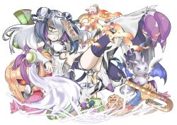 Rule 34 | 1girl, adapted costume, bad id, bad pixiv id, bandages, bare shoulders, bat (animal), braid, candy, candy cane, cat hair ornament, claws, creature, detached sleeves, devilit, double bun, food, groin, hair bun, hair ornament, haku (p&amp;d), halloween, jack-o&#039;-lantern, kei (keiclear), long hair, long sleeves, multicolored hair, navel, ofuda, open mouth, pumpkin, purple hair, puzzle &amp; dragons, simple background, solo, tamadra, thighhighs, twin braids, two-tone hair, white background, white hair, yellow eyes