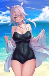Rule 34 | 1girl, bare legs, bare shoulders, beach, black one-piece swimsuit, blue eyes, blush, braid, breasts, cleavage, closed mouth, collarbone, covered navel, cowboy shot, day, grey hair, highres, kantai collection, lanthan, large breasts, long hair, long sleeves, looking at viewer, ocean, one-piece swimsuit, outdoors, single braid, smile, solo, swimsuit, umikaze (kancolle), umikaze kai ni (kancolle), very long hair, wide sleeves