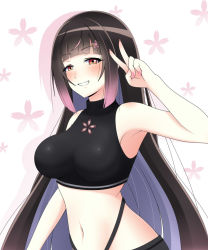 Rule 34 | 1girl, bare shoulders, black shirt, black shorts, blouse, blunt bangs, blush, breasts, brown hair, crop top, draw shankoi, fingernails, floral background, floral print, grin, yomeguri hana, highres, indie virtual youtuber, large breasts, long hair, midriff, multicolored hair, nail polish, navel, pink background, pink nails, purple hair, red eyes, shirt, shorts, sleeveless, sleeveless shirt, smile, solo, spanish commentary, stomach, turtleneck, two-tone hair, upper body, v, very long hair, virtual youtuber, yomeguri hana