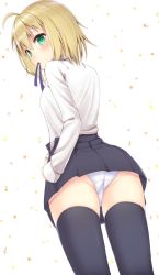 Rule 34 | 1girl, ahoge, artoria pendragon (all), artoria pendragon (fate), black skirt, black thighhighs, blonde hair, blue ribbon, blush, commentary request, fate/stay night, fate (series), green eyes, highres, looking at viewer, panties, pantyshot, reinama, ribbon, saber (fate), short hair, skirt, solo, standing, thighhighs, underwear, white panties
