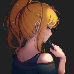 Rule 34 | 1girl, at2., blonde hair, bra strap, brown eyes, close-up, closed mouth, expressionless, from behind, green shirt, highres, lips, looking away, medium hair, off-shoulder shirt, off shoulder, original, ponytail, shirt, sidelocks, solo, upper body