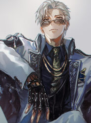 Rule 34 | 1boy, arm up, black gloves, black necktie, black shirt, closed mouth, collared shirt, ear piercing, facial tattoo, glasses, gloves, highres, jacket, jhm xyz, long sleeves, looking at viewer, male focus, necktie, piercing, red eyes, sanchoumou, shirt, short hair, smile, solo, tattoo, touken ranbu, twitter username, white background, white hair, white jacket