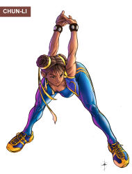 Rule 34 | 1990s (style), 1girl, alternate costume, bent over, bodysuit, bracelet, breasts, brown eyes, brown hair, capcom, chun-li, cleavage, collaboration, double bun, downblouse, dylanliwanag, full body, hair ribbon, highres, jewelry, large breasts, muscular, ogodo, ribbon, shoes, sneakers, solo, spandex, spiked bracelet, spikes, street fighter, street fighter zero (series), stretching, vest