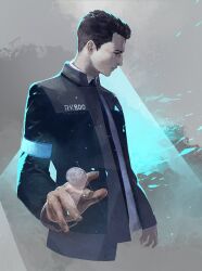 Rule 34 | 1boy, android, black hair, black jacket, cofffee, coin, connor (detroit), detroit: become human, jacket, long sleeves, looking down, male focus, short hair, solo, uniform, very short hair