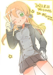 Rule 34 | 1girl, :q, anchor hair ornament, black skirt, blonde hair, blush, breasts, commentary request, dated, fujii rino, gloves, hair between eyes, hair ornament, hand on own hip, kantai collection, long hair, looking at viewer, medium breasts, military, military uniform, one-hour drawing challenge, one eye closed, pleated skirt, prinz eugen (kancolle), simple background, sketch, skirt, solo, star (symbol), tongue, tongue out, twintails, uniform, v, white gloves
